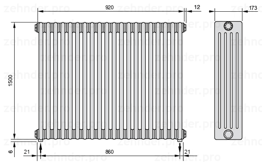 Схема (чертеж) Радиатор Zehnder Charleston 5150/20 №5310 Белый глянцевый RAL 9016